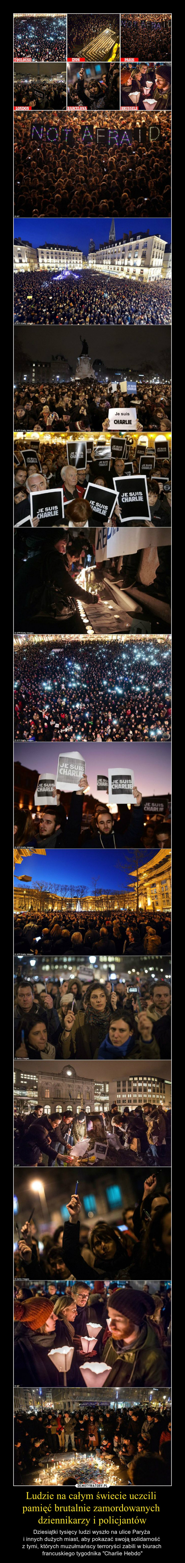 Ludzie na całym świecie uczcili pamięć brutalnie zamordowanych dziennikarzy i policjantów – Dziesiątki tysięcy ludzi wyszło na ulice Paryża i innych dużych miast, aby pokazać swoją solidarność z tymi, których muzułmańscy terroryści zabili w biurach francuskiego tygodnika "Charlie Hebdo" 