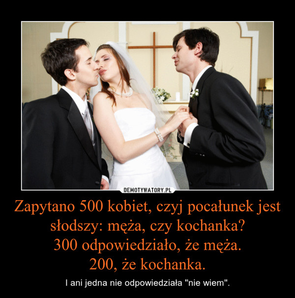 Zapytano 500 kobiet, czyj pocałunek jest słodszy: męża, czy kochanka?300 odpowiedziało, że męża.200, że kochanka. – I ani jedna nie odpowiedziała ''nie wiem''. 