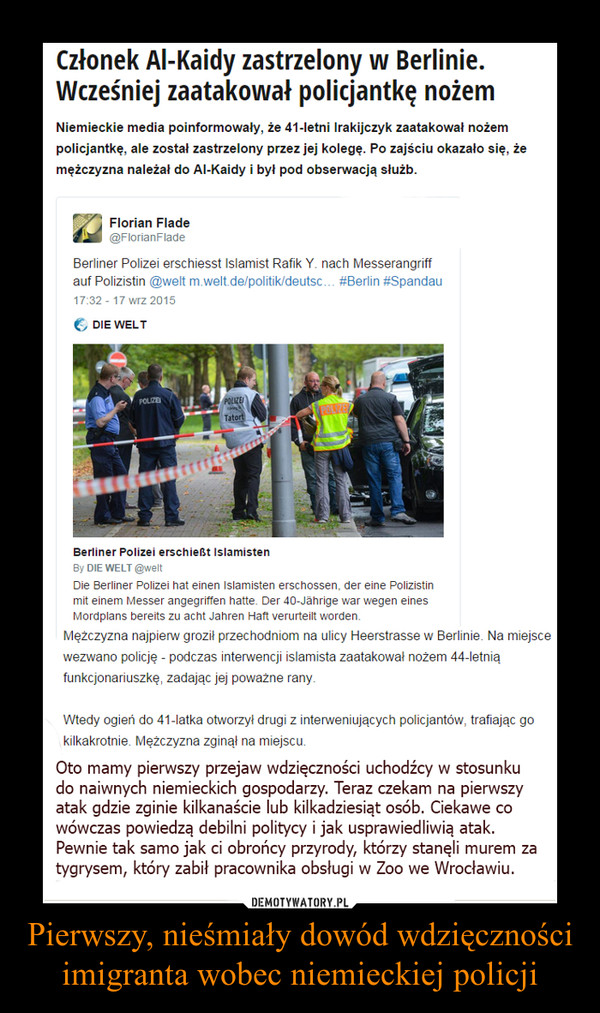 Pierwszy, nieśmiały dowód wdzięczności imigranta wobec niemieckiej policji –  