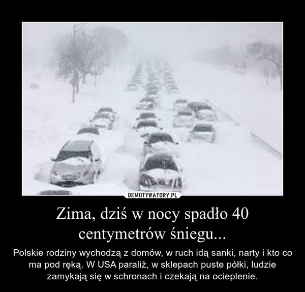 Zima, dziś w nocy spadło 40 centymetrów śniegu... – Polskie rodziny wychodzą z domów, w ruch idą sanki, narty i kto co ma pod ręką. W USA paraliż, w sklepach puste półki, ludzie zamykają się w schronach i czekają na ocieplenie. 