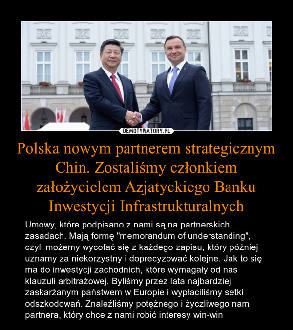 Polska nowym partnerem strategicznym Chin. Zostaliśmy członkiem założycielem Azjatyckiego Banku Inwestycji Infrastrukturalnych