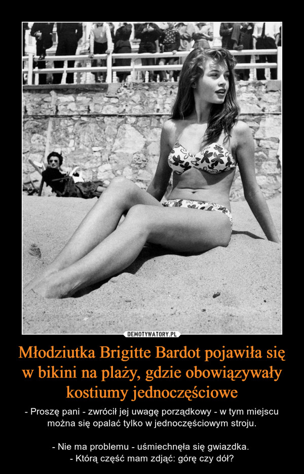 Młodziutka Brigitte Bardot pojawiła się w bikini na plaży, gdzie obowiązywały kostiumy jednoczęściowe