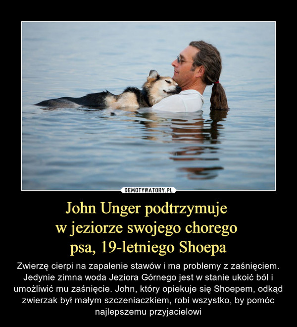 John Unger podtrzymuje w jeziorze swojego chorego psa, 19-letniego Shoepa – Zwierzę cierpi na zapalenie stawów i ma problemy z zaśnięciem. Jedynie zimna woda Jeziora Górnego jest w stanie ukoić ból i umożliwić mu zaśnięcie. John, który opiekuje się Shoepem, odkąd zwierzak był małym szczeniaczkiem, robi wszystko, by pomóc najlepszemu przyjacielowi 
