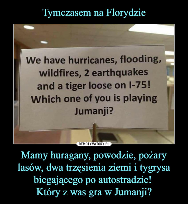 Mamy huragany, powodzie, pożary lasów, dwa trzęsienia ziemi i tygrysa biegającego po autostradzie! Który z was gra w Jumanji? –  