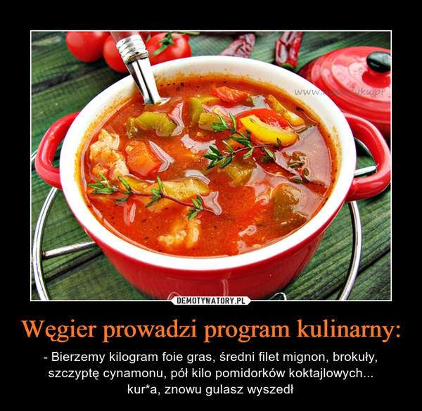Węgier prowadzi program kulinarny: – - Bierzemy kilogram foie gras, średni filet mignon, brokuły, szczyptę cynamonu, pół kilo pomidorków koktajlowych...kur*a, znowu gulasz wyszedł 