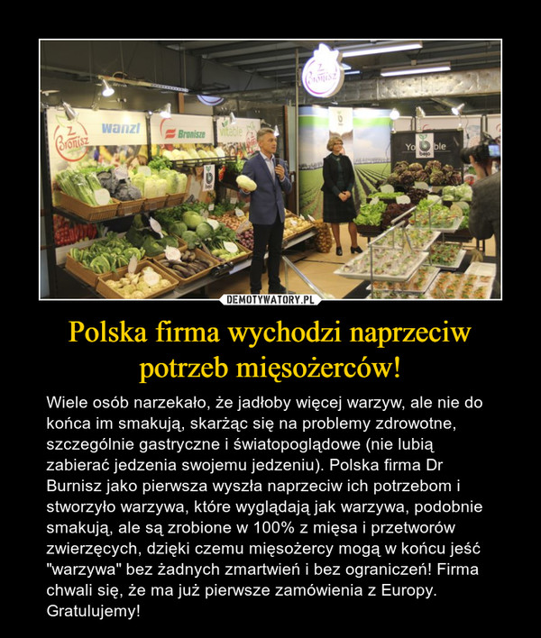 Polska firma wychodzi naprzeciw potrzeb mięsożerców! – Wiele osób narzekało, że jadłoby więcej warzyw, ale nie do końca im smakują, skarżąc się na problemy zdrowotne, szczególnie gastryczne i światopoglądowe (nie lubią zabierać jedzenia swojemu jedzeniu). Polska firma Dr Burnisz jako pierwsza wyszła naprzeciw ich potrzebom i stworzyło warzywa, które wyglądają jak warzywa, podobnie smakują, ale są zrobione w 100% z mięsa i przetworów zwierzęcych, dzięki czemu mięsożercy mogą w końcu jeść "warzywa" bez żadnych zmartwień i bez ograniczeń! Firma chwali się, że ma już pierwsze zamówienia z Europy. Gratulujemy! 