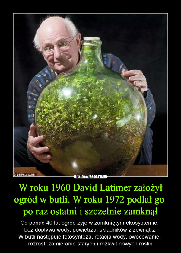 W roku 1960 David Latimer założył ogród w butli. W roku 1972 podlał go po raz ostatni i szczelnie zamknął – Od ponad 40 lat ogród żyje w zamkniętym ekosystemie, bez dopływu wody, powietrza, składników z zewnątrz.W butli następuje fotosynteza, rotacja wody, owocowanie, rozrost, zamieranie starych i rozkwit nowych roślin 