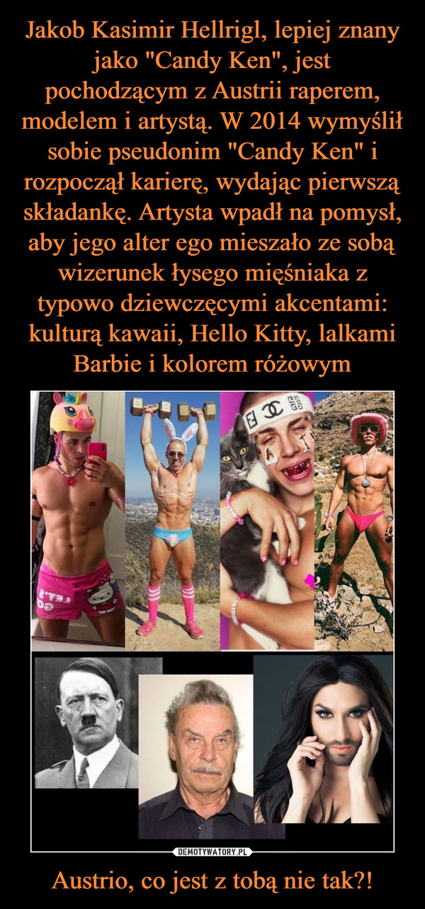 Jakob Kasimir Hellrigl, lepiej znany jako "Candy Ken", jest pochodzącym z Austrii raperem, modelem i artystą. W 2014 wymyślił sobie pseudonim "Candy Ken" i rozpoczął karierę, wydając pierwszą składankę. Artysta wpadł na pomysł, aby jego alter ego mieszało ze sobą wizerunek łysego mięśniaka z typowo dziewczęcymi akcentami: kulturą kawaii, Hello Kitty, lalkami Barbie i kolorem różowym Austrio, co jest z tobą nie tak?!