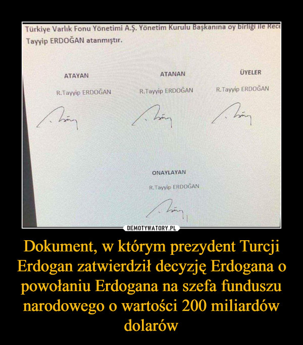 Dokument, w którym prezydent Turcji Erdogan zatwierdził decyzję Erdogana o powołaniu Erdogana na szefa funduszu narodowego o wartości 200 miliardów dolarów