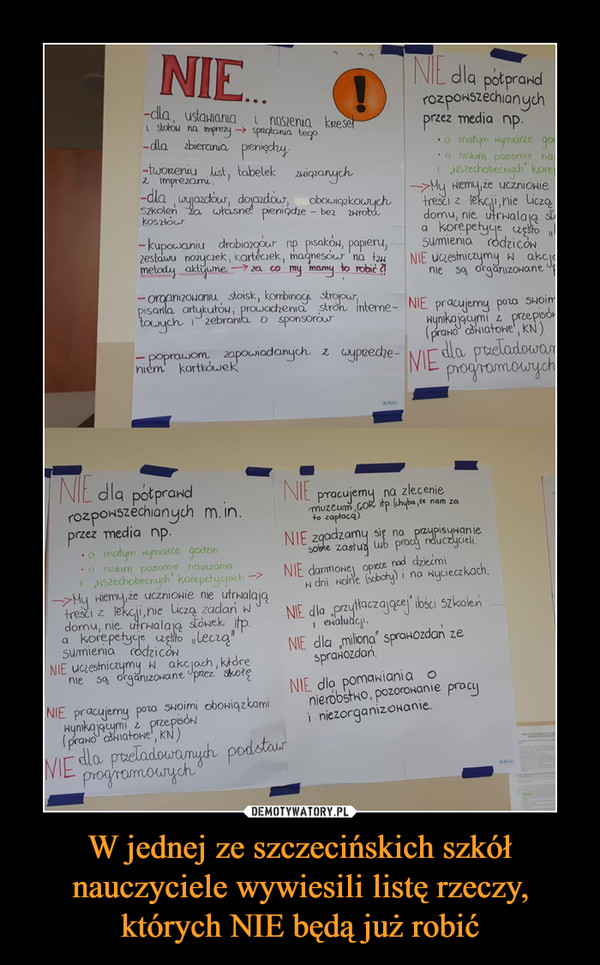 W jednej ze szczecińskich szkół nauczyciele wywiesili listę rzeczy, których NIE będą już robić –  