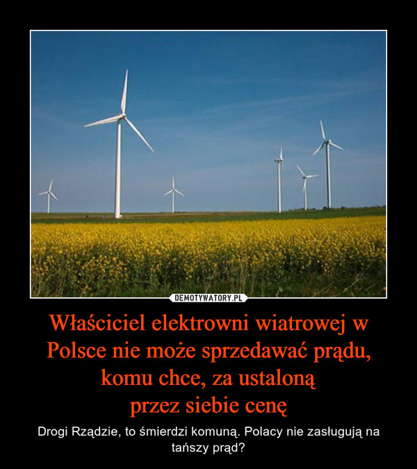 Właściciel elektrowni wiatrowej w Polsce nie może sprzedawać prądu, komu chce, za ustalonąprzez siebie cenę – Drogi Rządzie, to śmierdzi komuną. Polacy nie zasługują na tańszy prąd? 