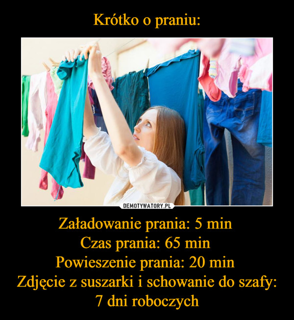 Załadowanie prania: 5 min Czas prania: 65 min Powieszenie prania: 20 min Zdjęcie z suszarki i schowanie do szafy: 7 dni roboczych –  