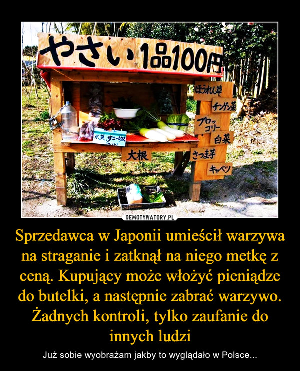 Sprzedawca w Japonii umieścił warzywa na straganie i zatknął na niego metkę z ceną. Kupujący może włożyć pieniądze do butelki, a następnie zabrać warzywo. Żadnych kontroli, tylko zaufanie do innych ludzi – Już sobie wyobrażam jakby to wyglądało w Polsce... 