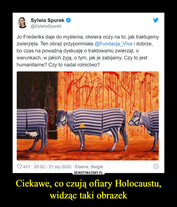 Ciekawe, co czują ofiary Holocaustu, widząc taki obrazek –  Sylwia Spurek@SylwiaSpurekJo Frederiks daje do myślenia, otwiera oczy na to, jaktraktujemy zwierzęta. Ten obraz przypomniała @Fundacja_Vivai dobrze, bo czas na poważną dyskusję o traktowaniu zwierząt,o warunkach, w jakich żyją, o tym, jak je zabijamy. Czy to jesthumanitarne? Czy to nadal rolnictwo?254 20:02 - 21 sty 2020 - Elsene, België