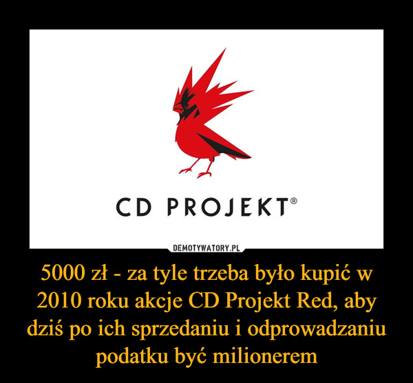 5000 zł - za tyle trzeba było kupić w 2010 roku akcje CD Projekt Red, aby dziś po ich sprzedaniu i odprowadzaniu podatku być milionerem –  