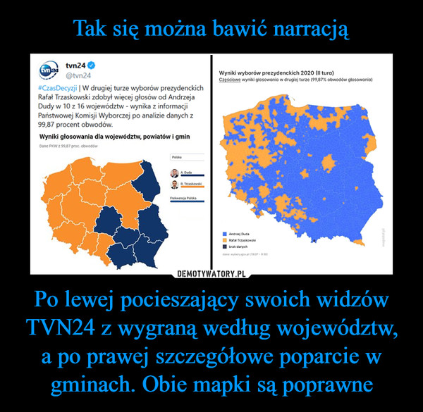 Tak się można bawić narracją Po lewej pocieszający swoich widzów TVN24 z wygraną według województw, a po prawej szczegółowe poparcie w gminach. Obie mapki są poprawne
