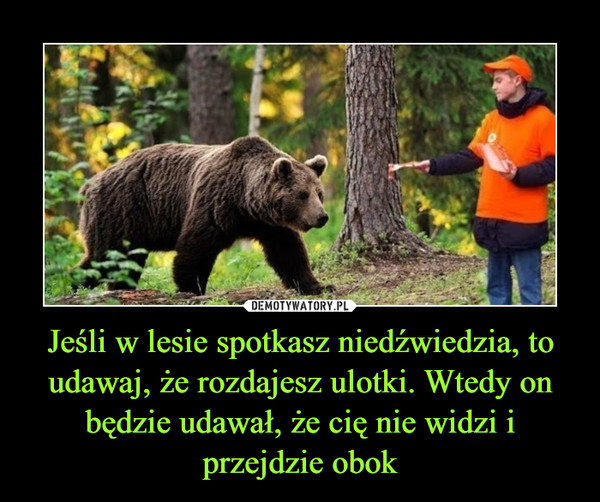 Jeśli w lesie spotkasz niedźwiedzia, to udawaj, że rozdajesz ulotki. Wtedy on będzie udawał, że cię nie widzi i przejdzie obok