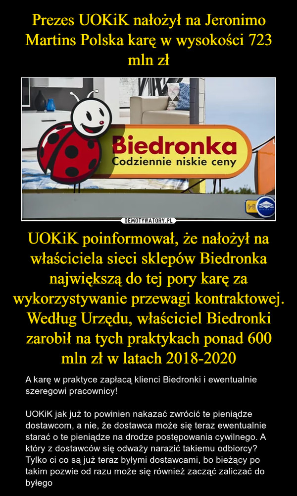 Prezes UOKiK nałożył na Jeronimo Martins Polska karę w wysokości 723 mln zł UOKiK poinformował, że nałożył na właściciela sieci sklepów Biedronka największą do tej pory karę za wykorzystywanie przewagi kontraktowej.
Według Urzędu, właściciel Biedronki zarobił na tych praktykach ponad 600 mln zł w latach 2018-2020