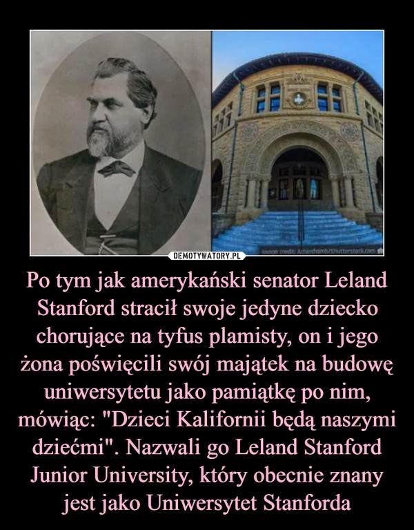 Po tym jak amerykański senator Leland Stanford stracił swoje jedyne dziecko chorujące na tyfus plamisty, on i jego żona poświęcili swój majątek na budowę uniwersytetu jako pamiątkę po nim, mówiąc: "Dzieci Kalifornii będą naszymi dziećmi". Nazwali go Leland Stanford Junior University, który obecnie znany jest jako Uniwersytet Stanforda –  