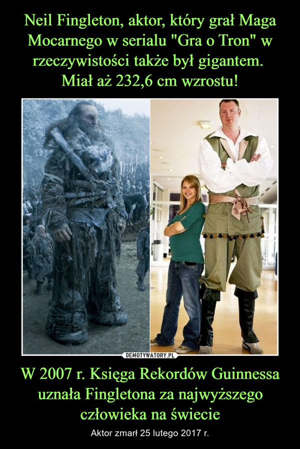 Neil Fingleton, aktor, który grał Maga Mocarnego w serialu "Gra o Tron" w rzeczywistości także był gigantem. 
Miał aż 232,6 cm wzrostu! W 2007 r. Księga Rekordów Guinnessa uznała Fingletona za najwyższego człowieka na świecie