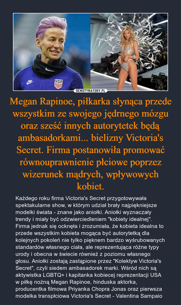 Megan Rapinoe, piłkarka słynąca przede wszystkim ze swojego jędrnego mózgu oraz sześć innych autorytetek będą ambasadorkami... bielizny Victoria's Secret. Firma postanowiła promować równouprawnienie płciowe poprzez wizerunek mądrych, wpływowych kobiet.