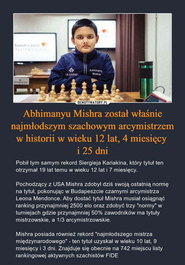 Abhimanyu Mishra został właśnie najmłodszym szachowym arcymistrzem w historii w wieku 12 lat, 4 miesięcy 
i 25 dni