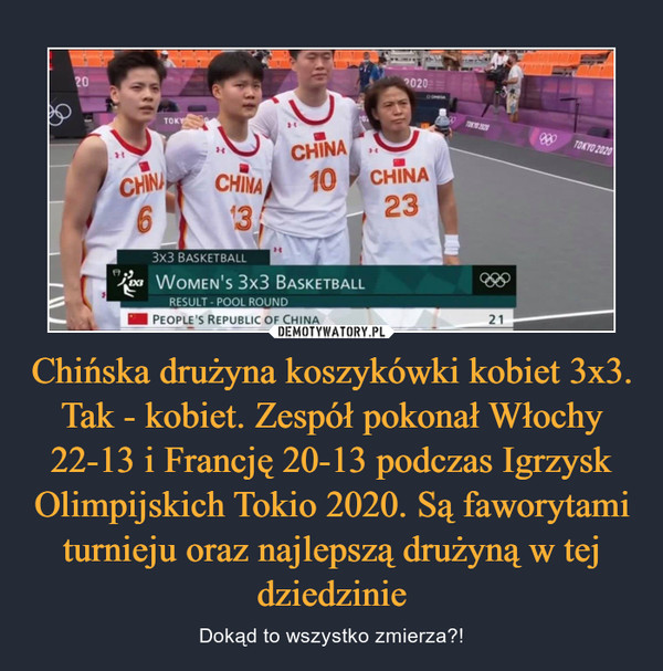 Chińska drużyna koszykówki kobiet 3x3. Tak - kobiet. Zespół pokonał Włochy 22-13 i Francję 20-13 podczas Igrzysk Olimpijskich Tokio 2020. Są faworytami turnieju oraz najlepszą drużyną w tej dziedzinie