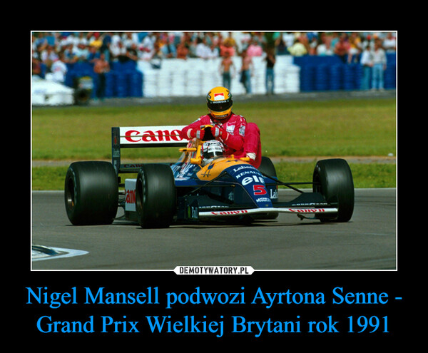 Nigel Mansell podwozi Ayrtona Senne - Grand Prix Wielkiej Brytani rok 1991