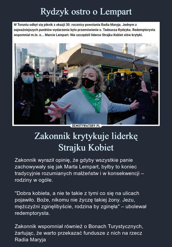 Rydzyk ostro o Lempart Zakonnik krytykuje liderkę
Strajku Kobiet