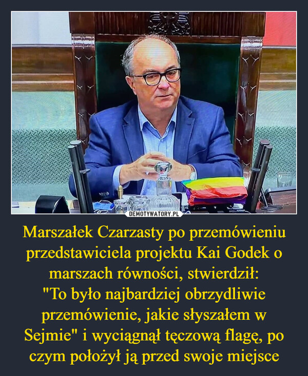 Marszałek Czarzasty po przemówieniu
przedstawiciela projektu Kai Godek o marszach równości, stwierdził:
"To było najbardziej obrzydliwie przemówienie, jakie słyszałem w Sejmie" i wyciągnął tęczową flagę, po czym położył ją przed swoje miejsce