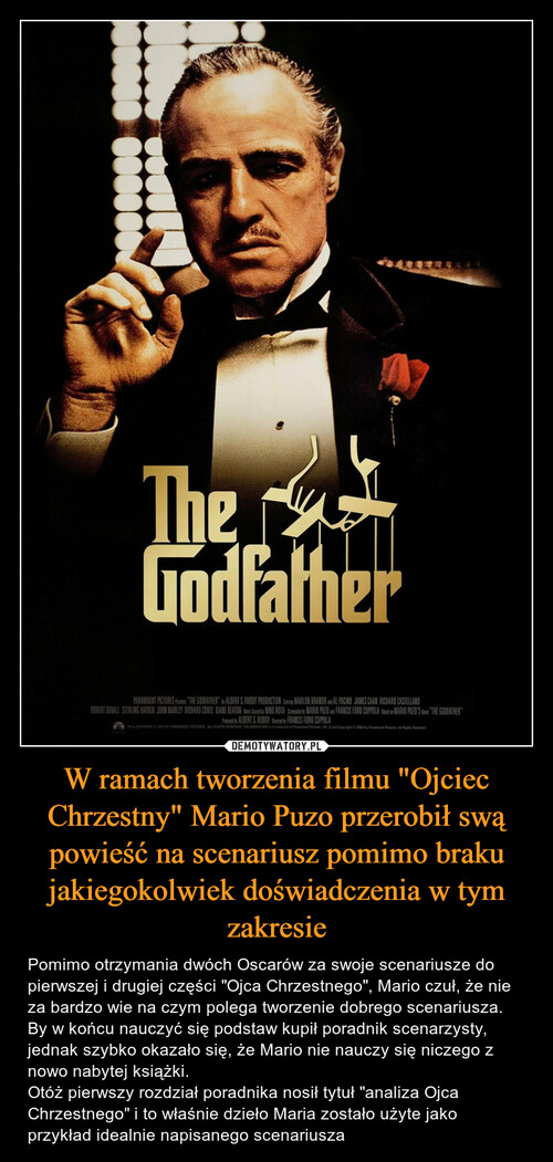 W ramach tworzenia filmu "Ojciec Chrzestny" Mario Puzo przerobił swą powieść na scenariusz pomimo braku jakiegokolwiek doświadczenia w tym zakresie