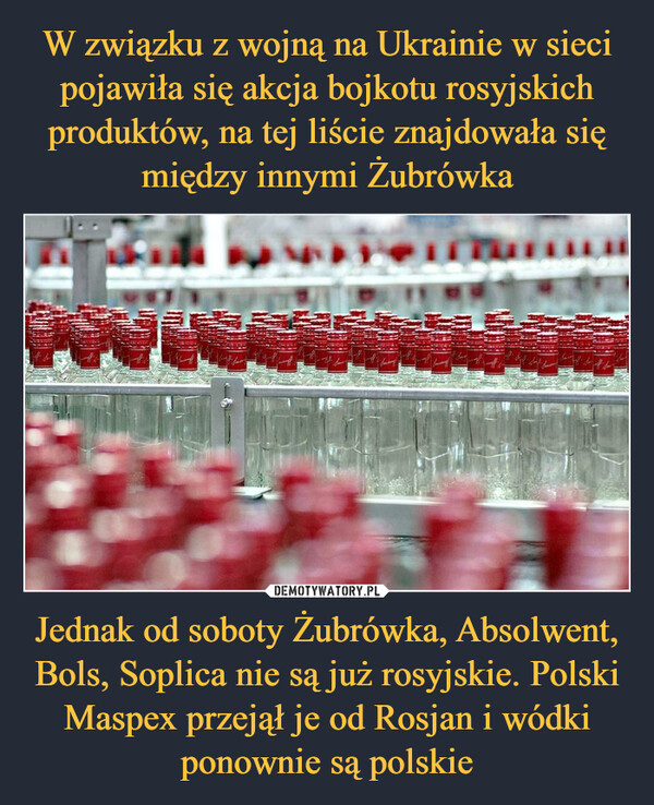 Jednak od soboty Żubrówka, Absolwent, Bols, Soplica nie są już rosyjskie. Polski Maspex przejął je od Rosjan i wódki ponownie są polskie –  
