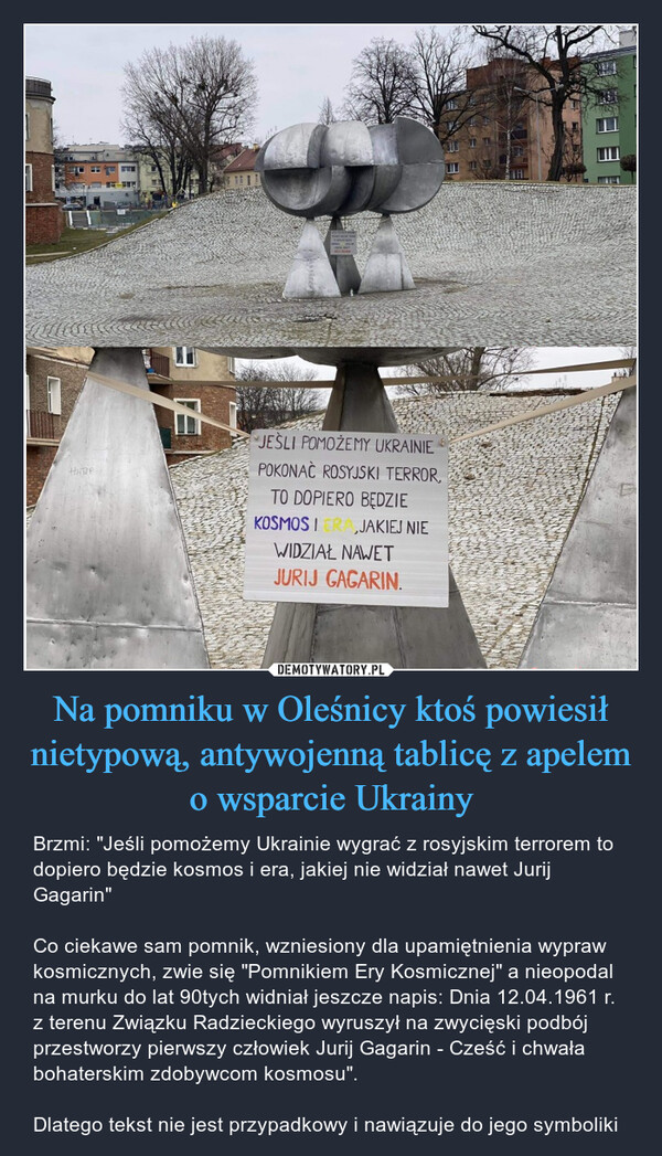 Na pomniku w Oleśnicy ktoś powiesił nietypową, antywojenną tablicę z apelem o wsparcie Ukrainy