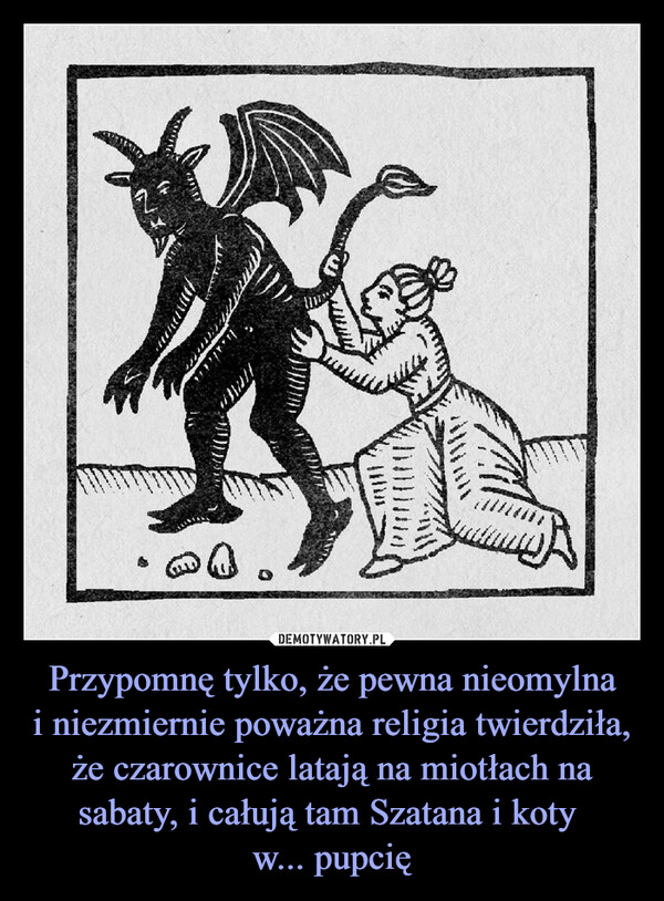 Przypomnę tylko, że pewna nieomylnai niezmiernie poważna religia twierdziła, że czarownice latają na miotłach na sabaty, i całują tam Szatana i koty w... pupcię –  