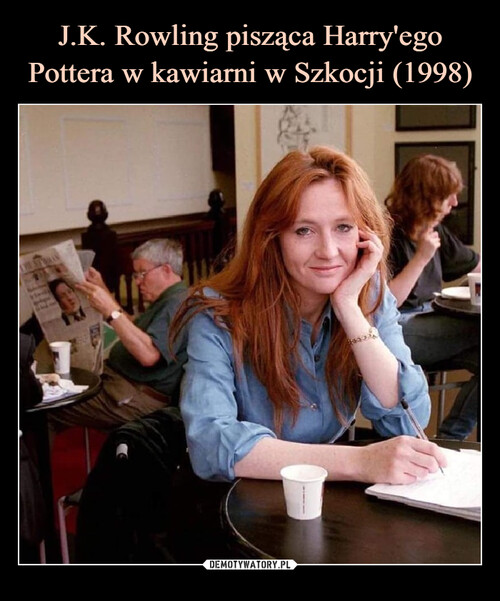 J.K. Rowling pisząca Harry'ego Pottera w kawiarni w Szkocji (1998)