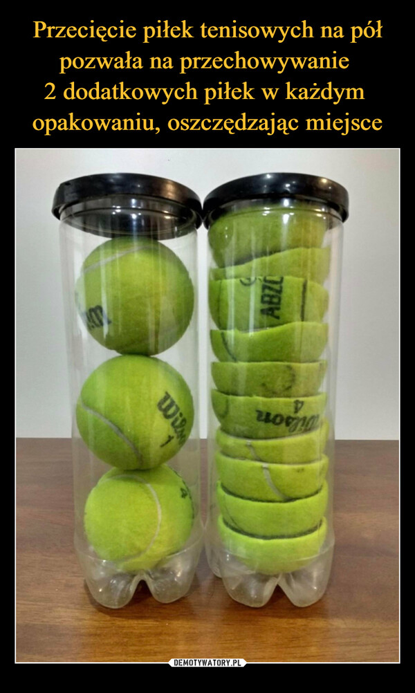 Przecięcie piłek tenisowych na pół pozwała na przechowywanie 
2 dodatkowych piłek w każdym 
opakowaniu, oszczędzając miejsce