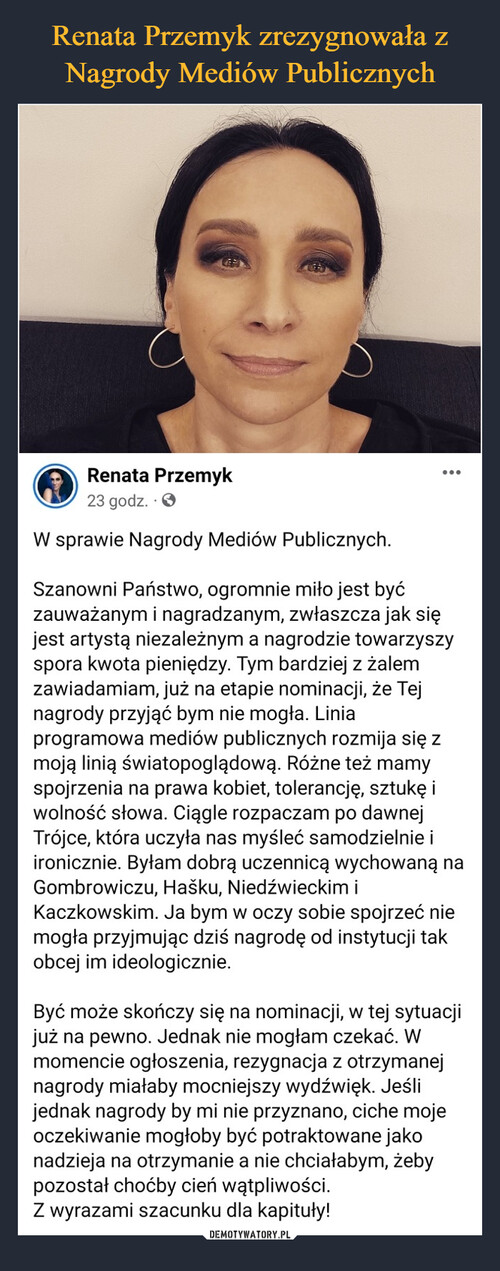 Renata Przemyk zrezygnowała z Nagrody Mediów Publicznych