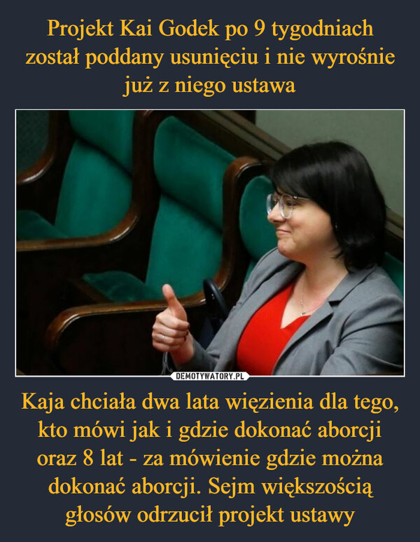 Kaja chciała dwa lata więzienia dla tego, kto mówi jak i gdzie dokonać aborcji oraz 8 lat - za mówienie gdzie można dokonać aborcji. Sejm większością głosów odrzucił projekt ustawy –  