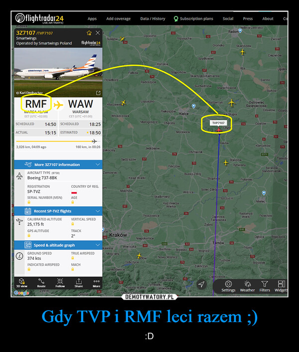 Gdy TVP i RMF leci razem ;) – :D flightradar24LIVE AIR TRAFFICWidawa3Z7107/TVP7107SmartwingsOperated by Smartwings Polandsmartwings.comⒸ Karl Dittlbacher$IVARSA ALAIVIEET (UTC+02:00)SCHEDULEDRMF WAWWARSAWCET (UTC+01:00)ACTUAL3,026 km, 04:09 ago14:50 SCHEDULED15:15 ESTIMATEDAIRCRAFT TYPE (8738)Boeing 737-8BK...REGISTRATIONSP-TVZSERIAL NUMBER (MSN)AMore 327107 information3D viewGoogleCALIBRATED ALTITUDE25,175 ftGPS ALTITUDERecent SP-TVZ flightsGROUND SPEED374 ktsINDICATED AIRSPEEDRouteZywiecSpeed & altitude graphукㅈFollowAGEAflightradar24LIVE AIR TRAFFIC160 km, in 00:26COUNTRY OF REG.AppsTRACK2°VERTICAL SPEED818:2518:50MACH8TRUE AIRSPEED8ShareZawoja 28Add coveragePrzedbórzSulejów XomA4zekocinyKluczewskZarnowiecCWłoszczowakawinaMogilany78000More MasCOPBute74KrakówSędziszówFalków7MiechówS7MyśleniceS7WieliczkaData / HistoryOpocznoDobczyce42RadoszyceŁopusznoKsiąż Wielki2MałogoszczS7Jedrzejow7479NiepołomiceProszowiceA4KońskiedówKasina WielkaMszana Dolna12PiekoszówSkalbmierzChęcinyStąporków78Subscription plansPrzysuchaTymbarkA LimanowaPińczówKazimierzaWielkaPhone'sSLaskowaMorawicaKielce7579Wiślica.E40Bochnia Brzesko 94Nowy WiśniczA4O75ChmielnikBusko-ZdrójS7Skarżysko-Kamienna73Suchedniów12SzydłowiecOrońskoS7WojniczZakliczyn4421BodzentynSocialSolec-ZdrójStarachowiceStopnicaŻabnoTVP7107Nowa SłupiaŁagóRakówRadom7373DąbrowaTarnowskaSzczucin79CiężkowiceTarnów 94TuchówPress AboutSkaryszewStaszówRytwianyledinia-LetniskoIlża74GorlicePołaniecRadomyślWielkiE40OstrowiecŚwiętokrzyskiPilzno73129SiennoOpatów9KlimontówE371OZwoleńCiepielówBałtówĆmielów OżarówMielec79BrzostekPrzecław7477CoLipskoBaranówSandomierski797979SanTarnobrNoDębica RopczyceKY 80Settings Weather Filters Widget
