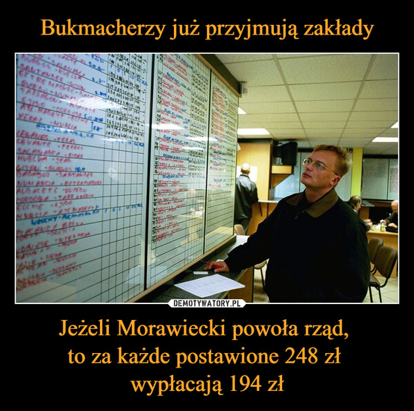 Bukmacherzy już przyjmują zakłady Jeżeli Morawiecki powoła rząd, 
to za każde postawione 248 zł 
wypłacają 194 zł