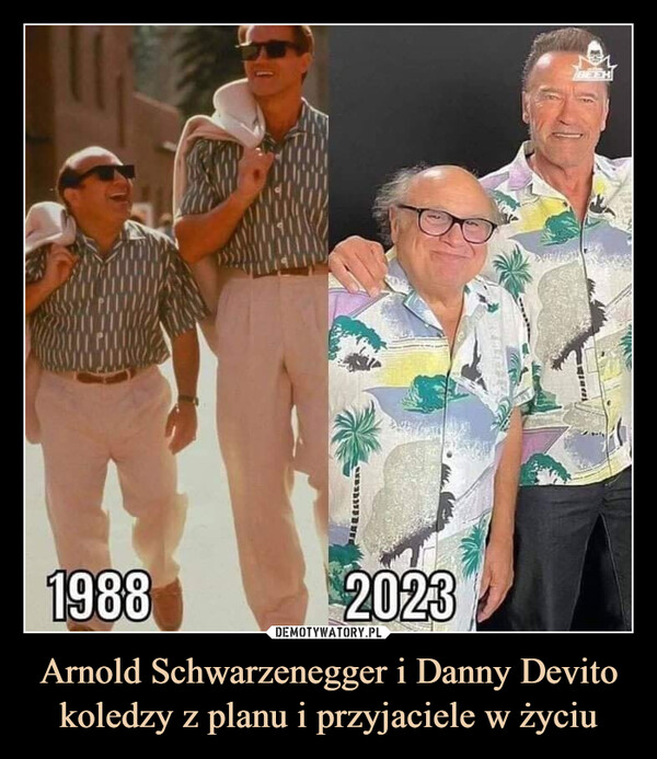 Arnold Schwarzenegger i Danny Devito koledzy z planu i przyjaciele w życiu –  1988ARREREHANAv2023HEERTeamth