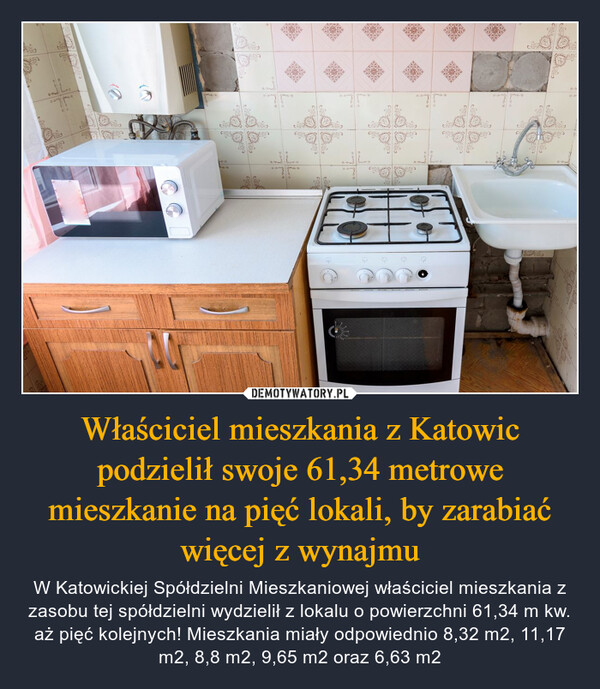 Właściciel mieszkania z Katowic podzielił swoje 61,34 metrowe mieszkanie na pięć lokali, by zarabiać więcej z wynajmu