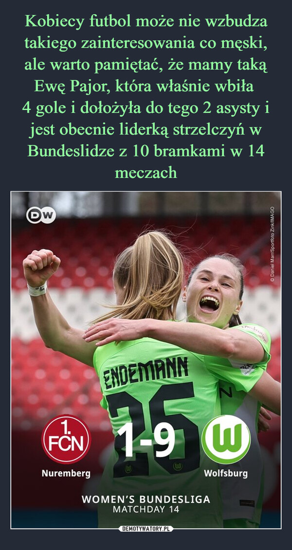 Kobiecy futbol może nie wzbudza takiego zainteresowania co męski, ale warto pamiętać, że mamy taką Ewę Pajor, która właśnie wbiła 
4 gole i dołożyła do tego 2 asysty i jest obecnie liderką strzelczyń w Bundeslidze z 10 bramkami w 14 meczach